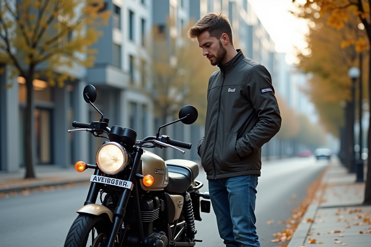 Jeune motard inspectant une moto en ville automnale