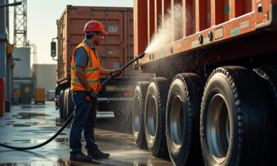 Mécanicien en gilet haute visibilité nettoyant un camion industriel