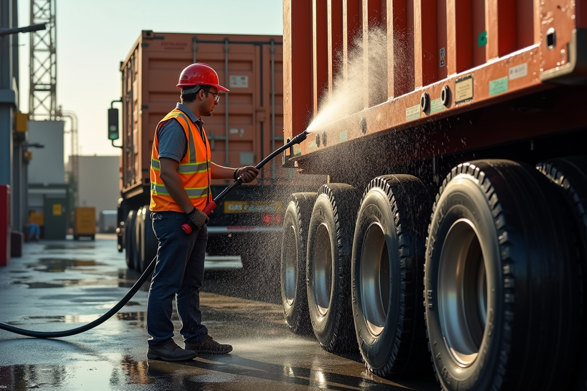 Mécanicien en gilet haute visibilité nettoyant un camion industriel