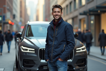 Jeune père avec SUV en ville dynamique