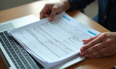 Mains tenant un tas de papiers officiels dont une carte grise française