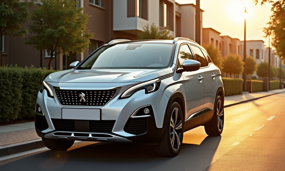 Peugeot 3008 argentée sur une rue ensoleillée de banlieue