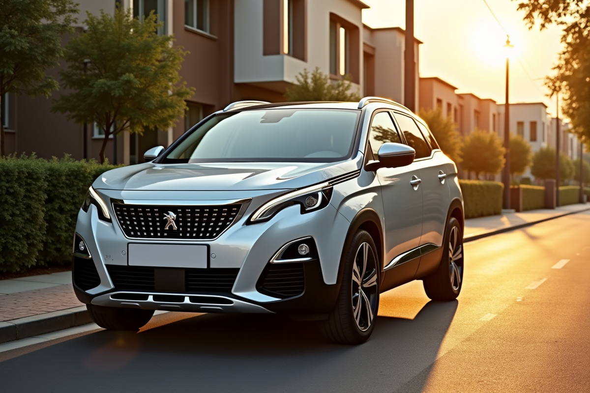 Peugeot 3008 argentée sur une rue ensoleillée de banlieue