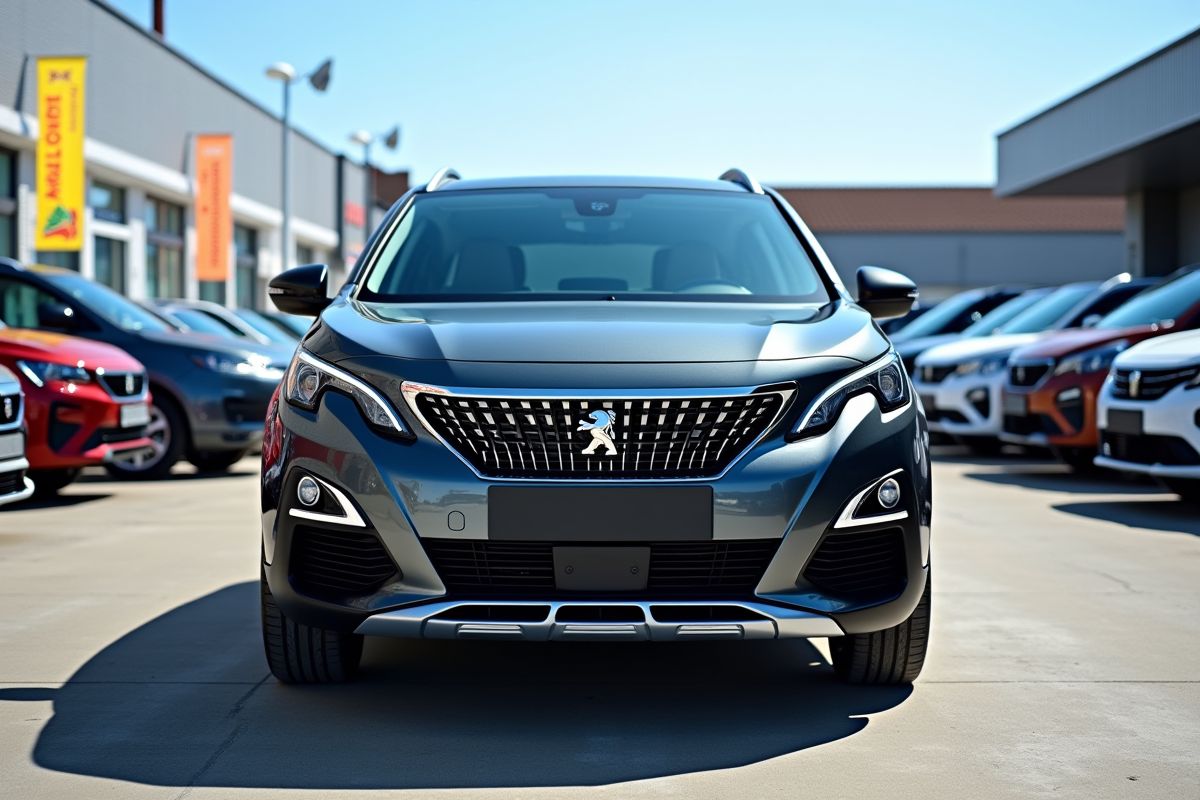 Peugeot 3008 en concession avec autres véhicules et banderoles