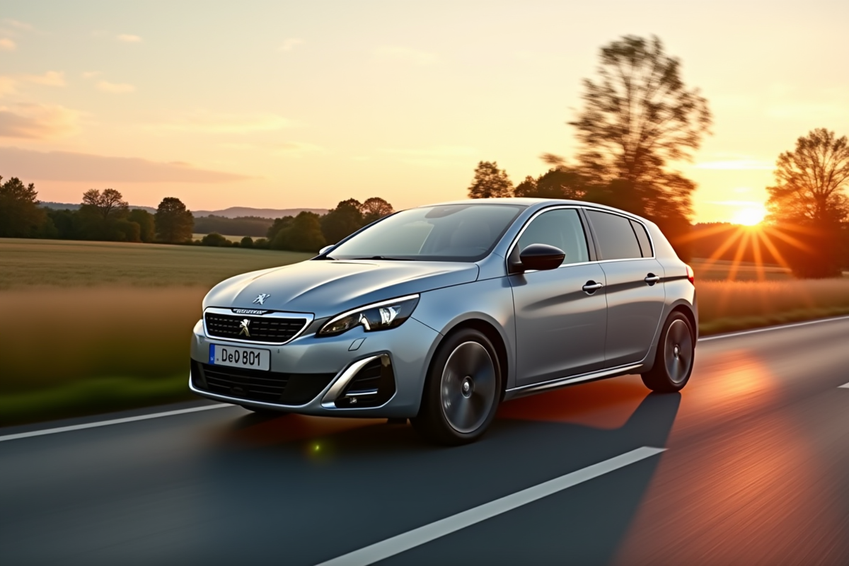 Peugeot 308 hybride en mouvement sur route de campagne