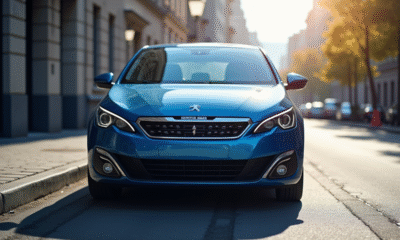 Voiture Peugeot 308 hybride bleue en ville en plein jour