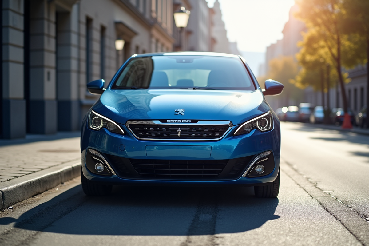 Voiture Peugeot 308 hybride bleue en ville en plein jour