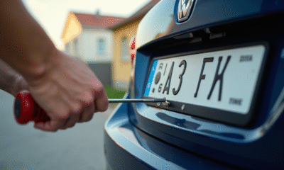 Personne fixant une plaque d'immatriculation française sur une voiture propre