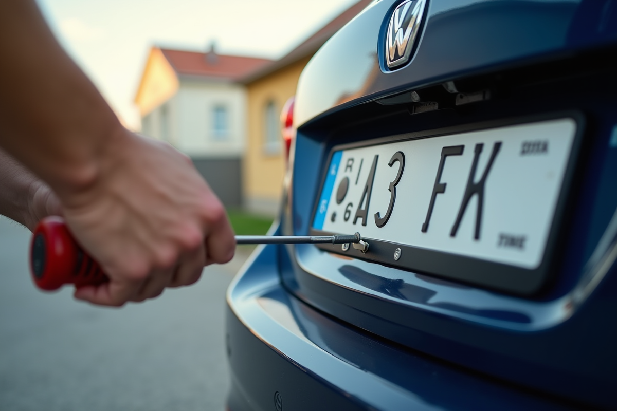 Personne fixant une plaque d'immatriculation française sur une voiture propre