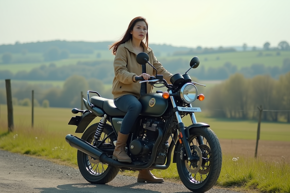 Femme avec moto dans un paysage rural paisible