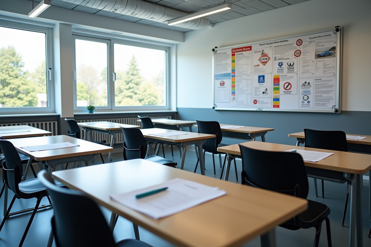 Salle moderne avec rangées de bureaux et panneau de signalisation
