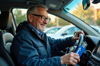 Homme age souriant avec permis de stationnement