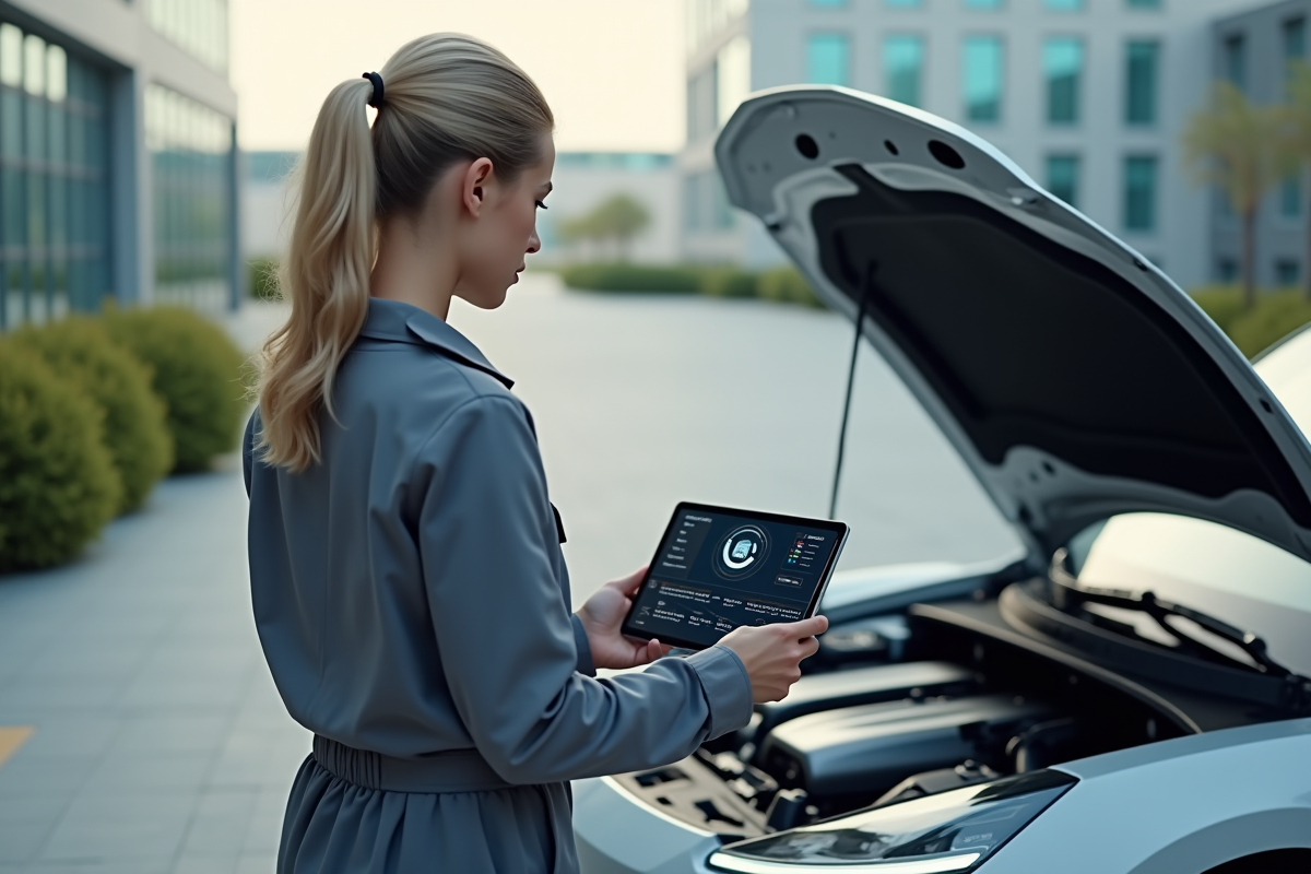Jeune technicienne montre un moteur quantique sur voiture électrique