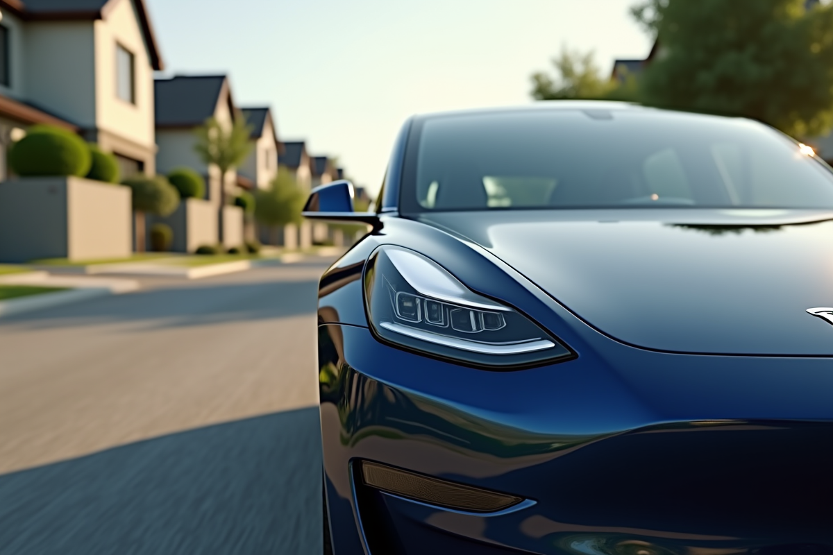 Tesla Model 3 stationnee sur une rue ensoleillee