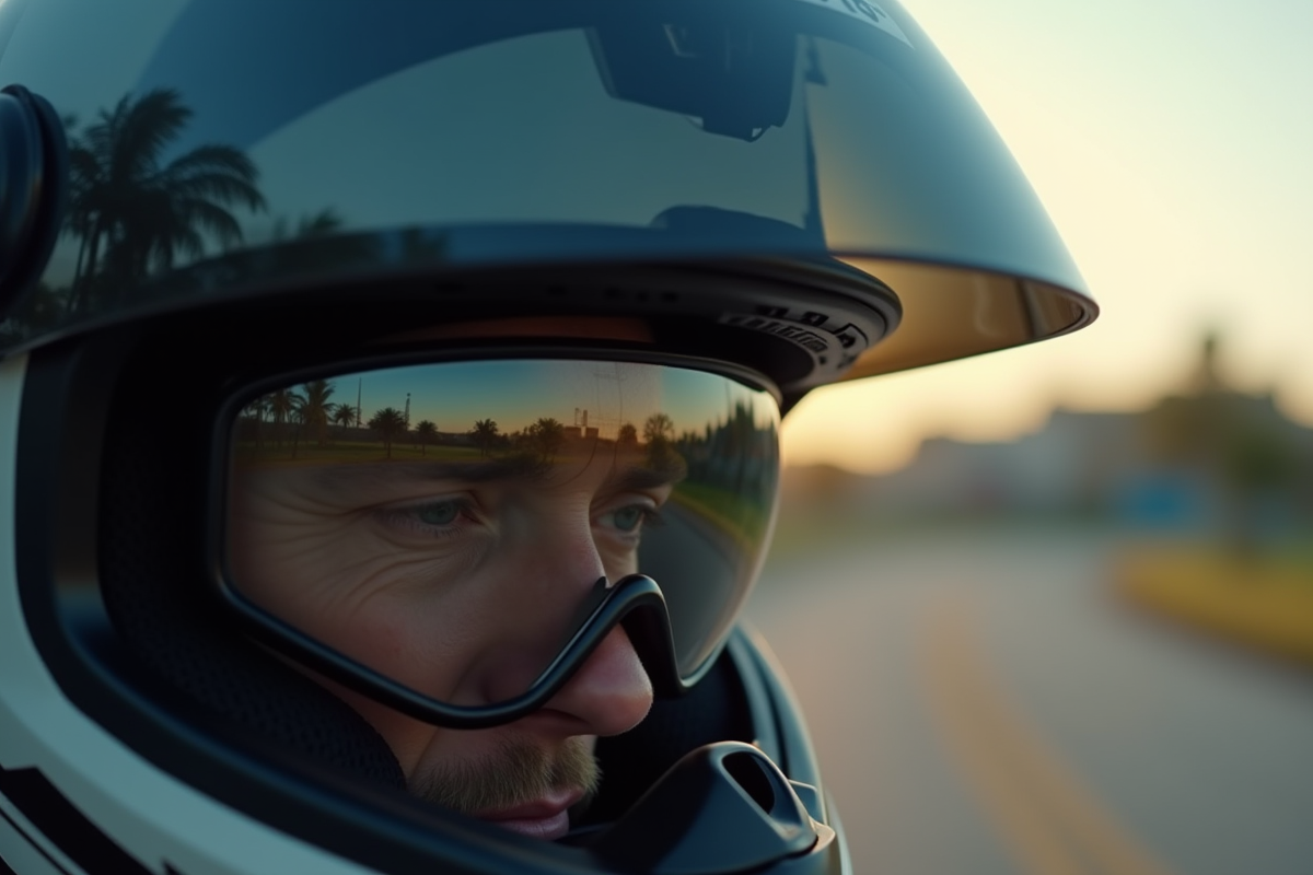 Vue rapprochée du viseur de casque moto avec insert anti-buée