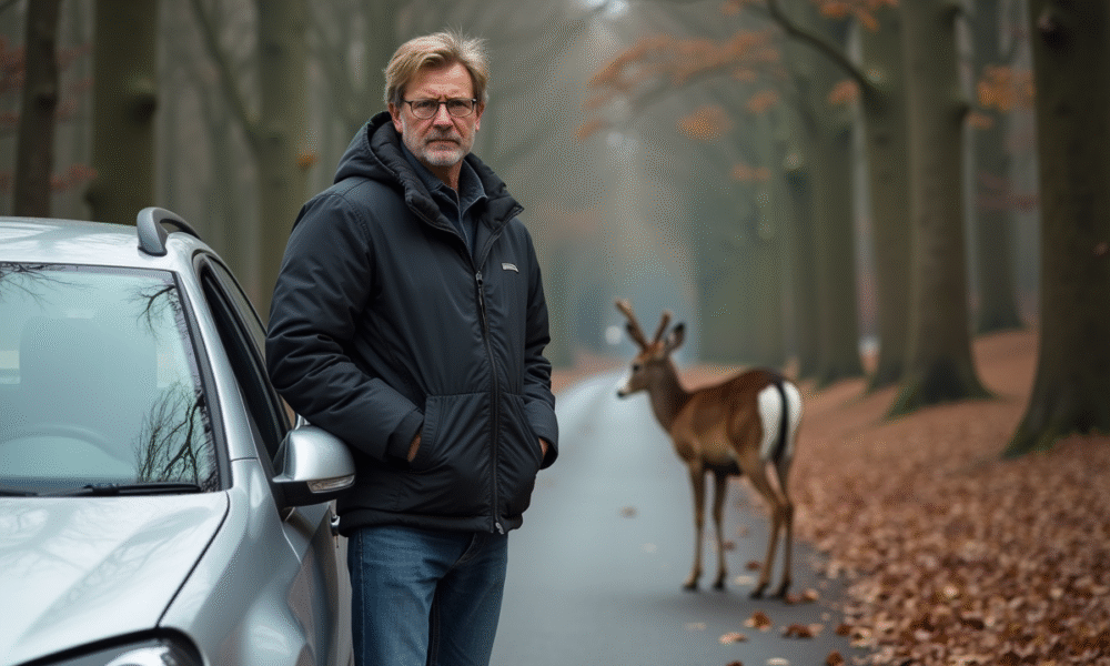 Homme inquiet examine une voiture endommagée près d un cerf dans la forêt