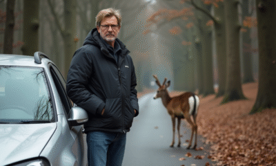 Homme inquiet examine une voiture endommagée près d un cerf dans la forêt