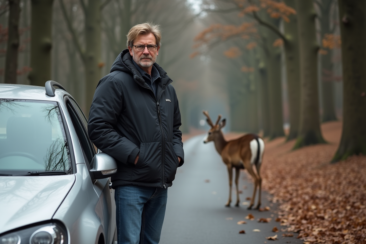 Homme inquiet examine une voiture endommagée près d un cerf dans la forêt