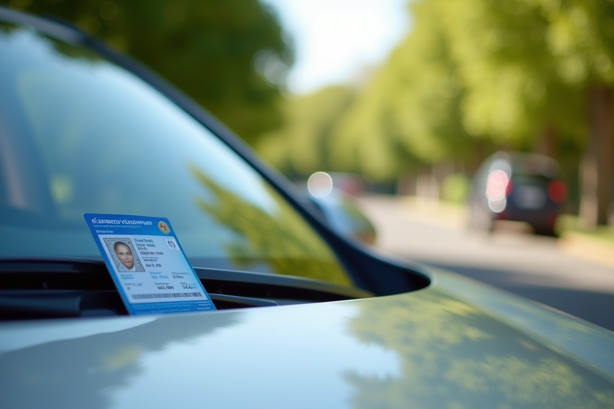 Voiture grise garée sur une rue ensoleillée avec carte d