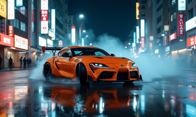 Voiture sportive orange driftant dans Tokyo la nuit