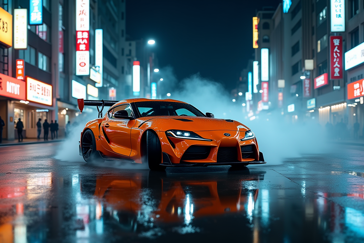 Voiture sportive orange driftant dans Tokyo la nuit